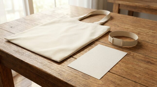Blank Canvas Tote Bag and Card on Wooden Table.