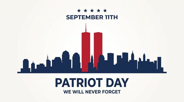 September 11th Patriot Day Vector Banner, Navy Blue City Skyline with Red Twin Towers Silhouette We Will Never Forget