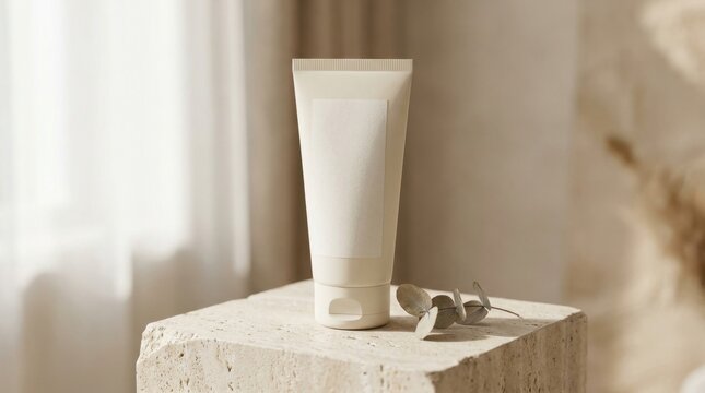 Minimalist beauty product tube with natural elements on a textured surface.