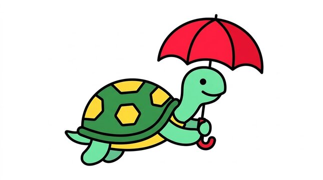 Turtle walking with red umbrella cartoon illustration