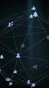 Animation of globe of digital icons spinning and blue light trails against black background