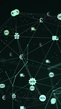 Animation of globe of digital icons spinning against green background