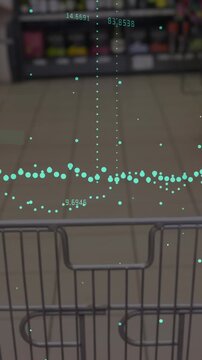 Animation of multiple graphs with changing numbers over overhead view of shopping cart
