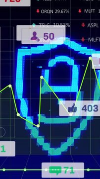Animation of padlock icon over data processing on blue background