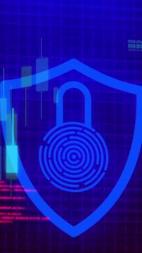Animation of padlock icon over data processing on blue background