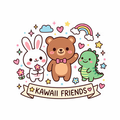 Fototapeta premium Kawaii cartoon friends illustration featuring a bunny, teddy bear, and dinosaur with hearts, rainbows, and playful decorations