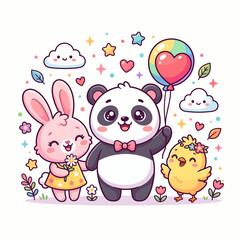 Naklejka premium Cute cartoon animals holding heart-shaped balloon with colorful stars and clouds cheerful background
