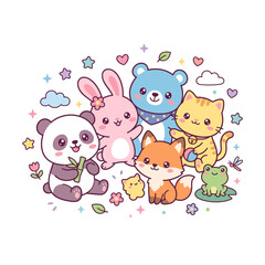 Naklejka premium Adorable cartoon animals group hugging with hearts and stars in whimsical kawaii style illustration