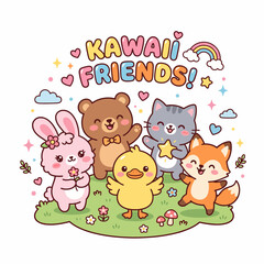 Fototapeta premium Adorable cartoon animal friends posing together in a cheerful and colorful outdoor setting