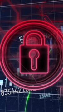 Animation of financial data processing and multiple changing numbers over security padlock icon