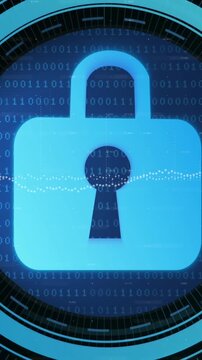 Animation of security padlock icon over round scanner against binary coding data processing