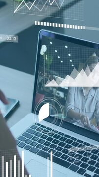 Animation of graphs, bars, circles, diverse female coworkers discussing reports on video call