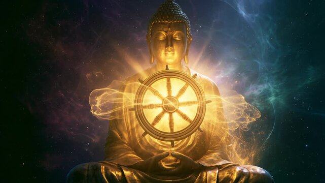 Buddha holding the dharma wheel in a cosmic setting with light effects