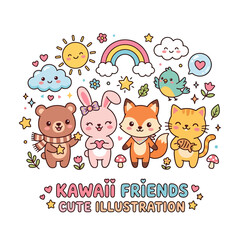 Fototapeta premium Kawaii cartoon animal friends illustration with rainbow and stars cute graphic design