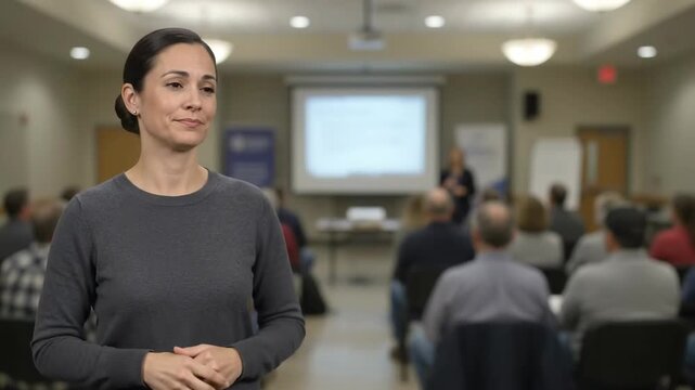 Sign Language Interpreter Translating for an Audience During a Presentation