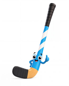 A cheerful cartoon hockey stick character smiles and gives a thumbs-up, with blue-white stripes, black grip, wooden curve and black blade