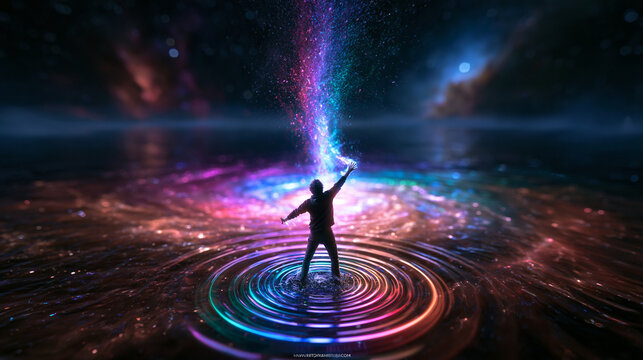 Person Unleashing Glowing Cosmic Energy in Surreal Space