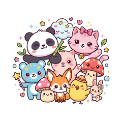 Naklejka premium Charming cartoon animal characters posing together in a playful kawaii style with pastel colors and floral elements