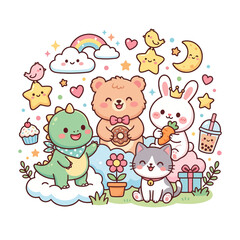 Fototapeta premium Whimsical cartoon animals celebrating friendship with pastel colors and dreamy background elements