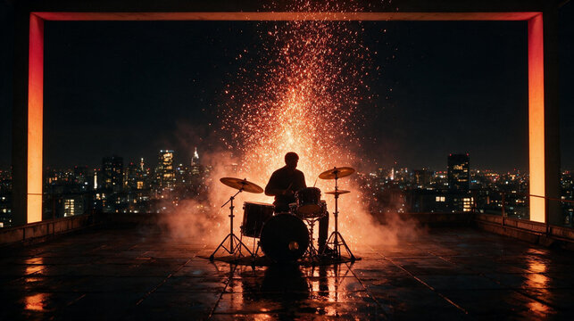 Silhouette of Drummer Performing on Rooftop with Fireworks Sparks