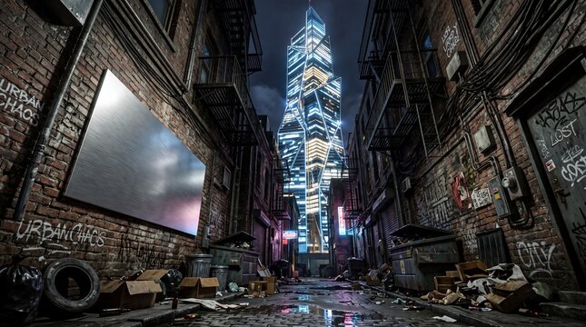 Futuristic Glowing Skyscraper Seen from Gritty Dark Urban Alley