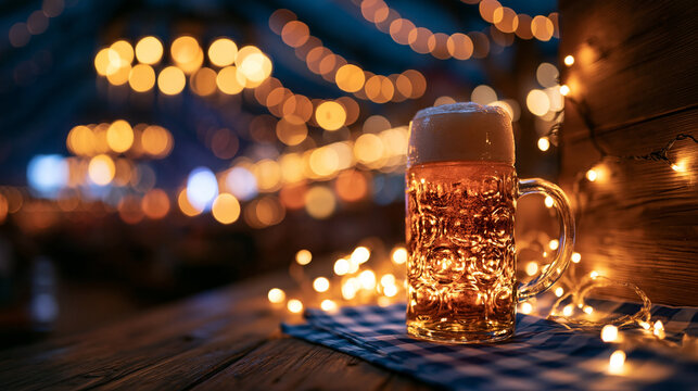 Fresh Beer Mug on Wooden Table with Bokeh Lights
