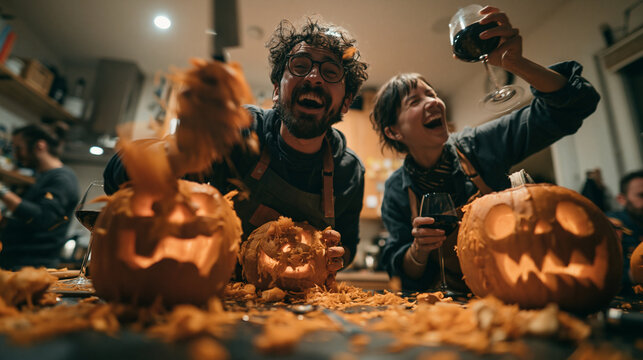 Friends Laughing While Carving Halloween Pumpkins at Party