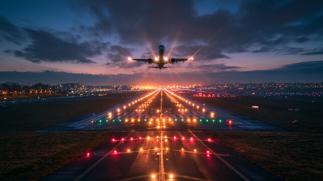 Airplane Taking Off from Illuminated Airport Runway at Night