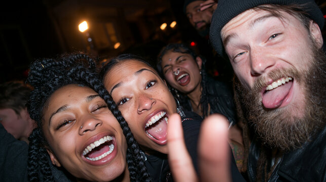Excited Diverse Friends Having Fun at Night Party