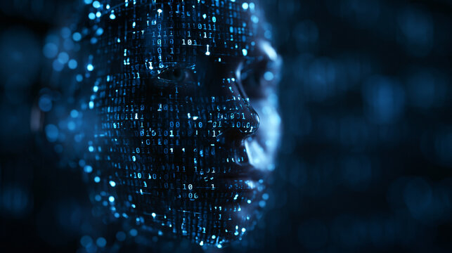 Artificial Intelligence Digital Human Face with Binary Code Data