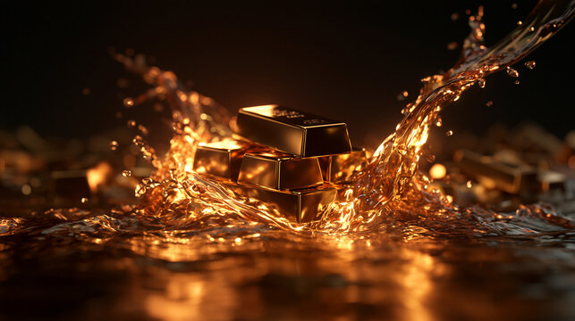 Gold Bars Splashing in Liquid Representing Wealth and Investment