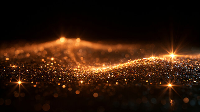 Golden Glitter Wave Background with Glowing Bokeh Lights