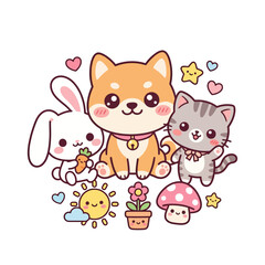 Naklejka premium Cute cartoon animals sitting together with flowers and stars in a cheerful whimsical scene
