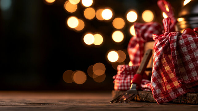 Rustic Holiday Table Setting with Gingham Cloth and Bokeh Lights