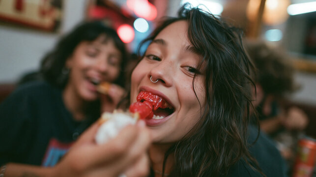 Young Woman Smiling and Eating Street Food with Friends