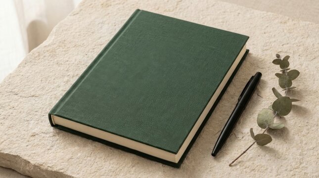 A closed dark green hardcover notebook lies on a textured surface next to a pen and eucalyptus leaves.
