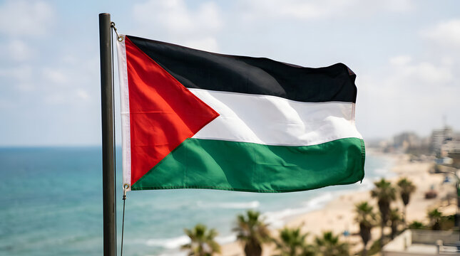 Palestinian Flag Flying Over Coastal Beach Scene