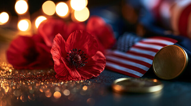 Red Poppies and American Flag for Memorial Day Tribute