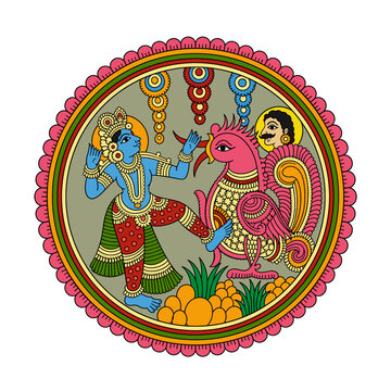 Lord Krishna Fighting a Demon in Traditional Indian Folk Art...