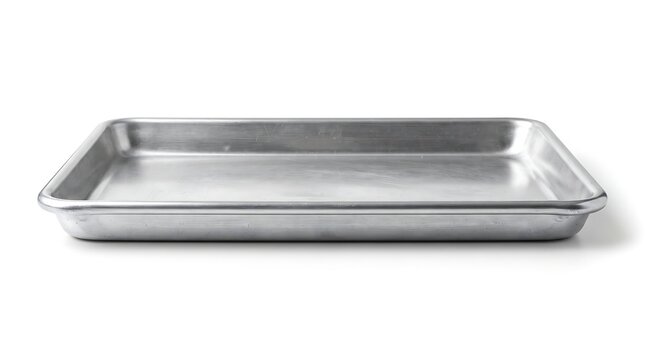 Metal baking tray, front view, isolated on pure white background, hyperrealistic studio product photography