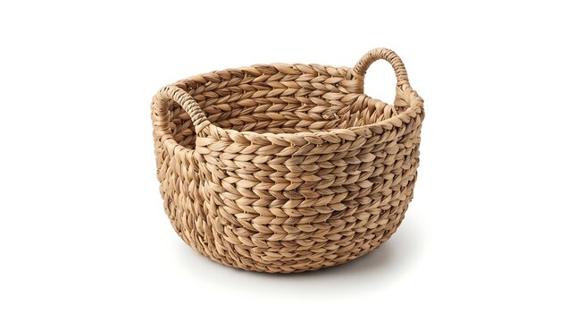Woven wicker basket, 45-degree angle view, isolated on pure white background, hyperrealistic studio product photography