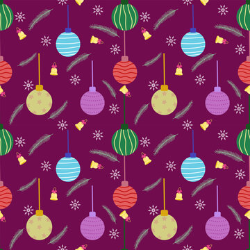 A festive holiday background pattern featuring colorful Christmas baubles,bells,pine branches, and snowflakes on deep burgundy background,ideal for wrapping paper,fabric,wallpaper and holiday designs.