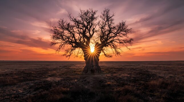 A solitary ancient tree stands silhouetted against a brilliant orange sunset sky across an expansive flat landscape in this serene nature photograph