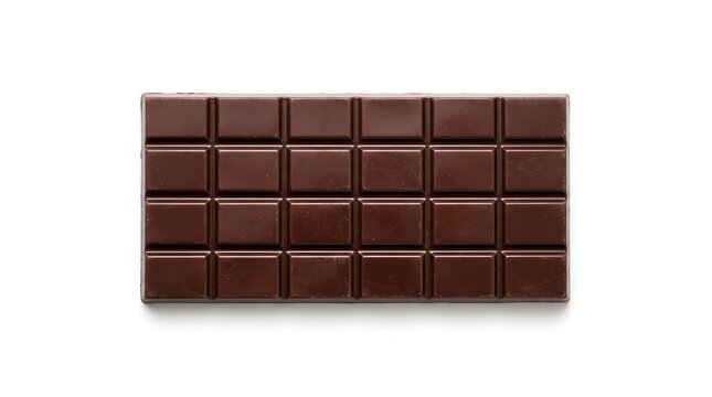 Dark chocolate bar, top-down flat lay view, isolated on pure white background, hyperrealistic studio product photography