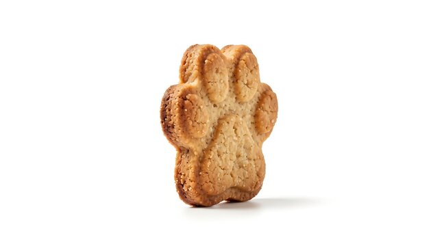 Paw print shaped cookie, side profile view, isolated on pure white background, hyperrealistic studio product photography