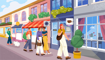 Charming small town street lined with shops, cafes and storefronts, signs and greenery. Pedestrians walking through neighborhood setting. Vector urban local business, community life and shopping