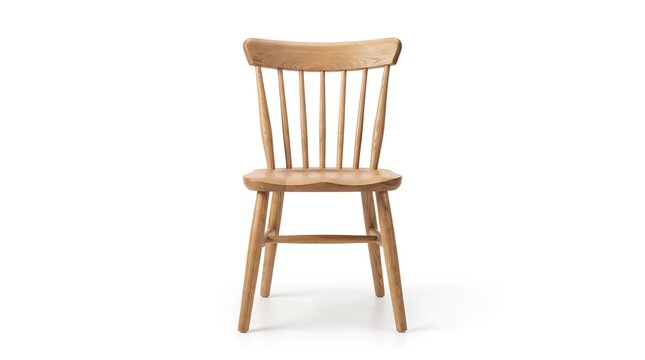 Wooden dining chair, front view, isolated on pure white background, hyperrealistic studio product photography