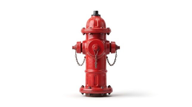 Red fire hydrant, front view, isolated on pure white background, hyperrealistic studio product photography