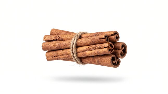 Bundle of cinnamon sticks, floating mid-air view, isolated on pure white background, hyperrealistic studio product photography