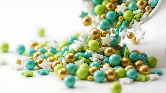 Colorful teal and gold edible sprinkles spilling from a spoon